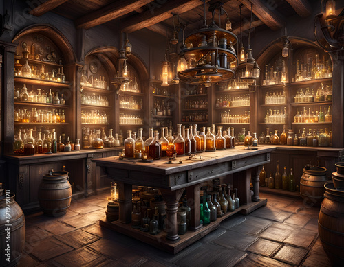 Alchemist lab. A strange and creepy cabinet of curiosities filled with lots of bottles and glass jars. CG Artwork Background. AI generated digital illustration