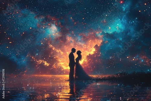 Illustration of a bride and groom dancing under a starry sky