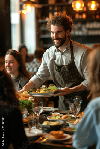 Happy waiter serving food to group of friends in a pub