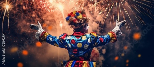 Happy harlequin clown with fireworks on background backview