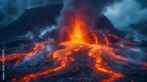 火山が爆発し、溶岩が溢れだす様子