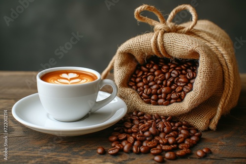 Coffee beans and a cup of coffee on a wooden table