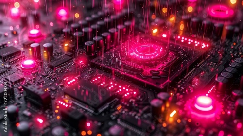 A circuit board with a glowing CPU