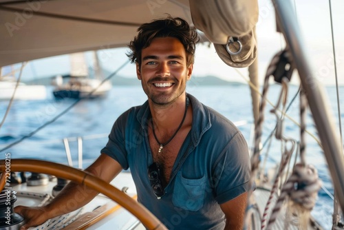 A joyful sailor aboard a sleek sailboat beams at the camera, their human face adorned with nautical clothing as they embark on an outdoor adventure on the open sea