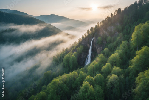 Spring forest in the mountains with a waterfall covered in thin mist at sunrise with a cool feel seen from a drone's perspective