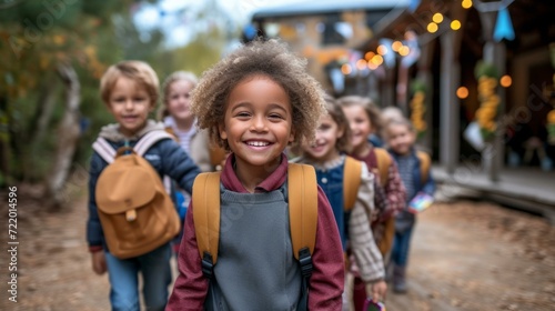 A group of diverse children with backpacks walking in the woods