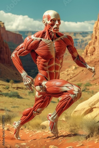 A muscular man is running in the desert