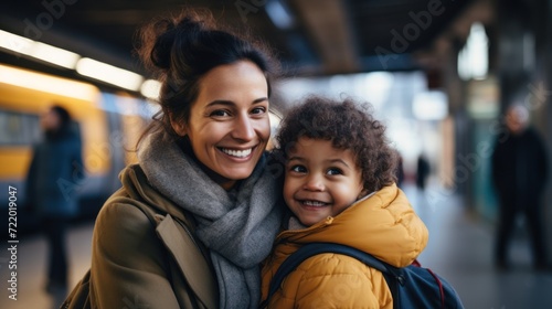 Smiling And Happy Mother And Little Daughter At The Train Station. Family Or Solo Travel Concept. Generative AI