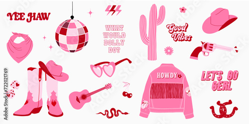 Trendy pink cowgirl set. Retro collection of cowboy boots and hat, disco ball, horseshoe, cactus, gun, jacket and lettering. Wild west, western themed. Hand drawn vector design