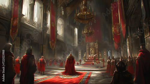 A majestic high fantasy royal court filled with gallant knights, influential noble families, and a grand throne room fit for a monarch's reign.