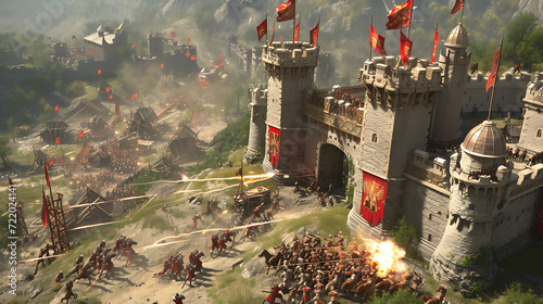 Witness an epic medieval castle siege as catapults launch projectiles, archers rain arrows, and knights clash in fierce battle.