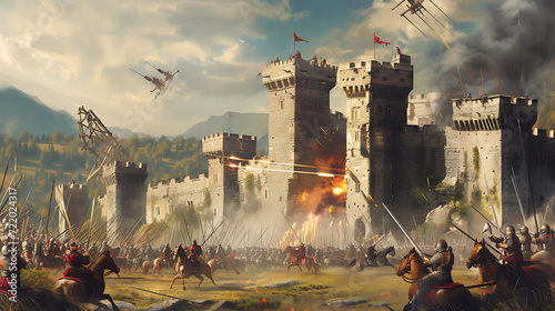 Witness an epic medieval castle siege as catapults launch projectiles, archers rain arrows, and knights clash in fierce battle.
