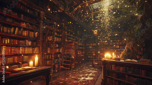 Step into a mystical world as you enter a magical library filled with endless shelves adorned with ancient books. Twinkling, floating candles illuminate the enchanting surroundings.
