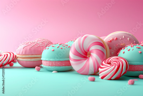 Cupcakes, macarons and sweet on a pink pastel background