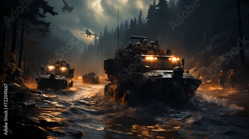 Military convoy of tactical vehicles crossing a river using specialized amphibious capabilities