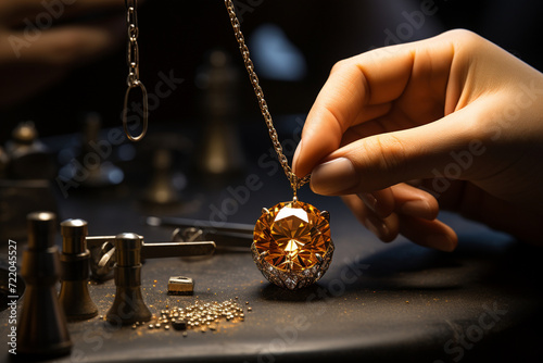 Close-up of a jeweler delicately setting a flawless gemstone into a gold necklace