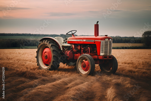 Concept photo shoot of red and white old tractor in field