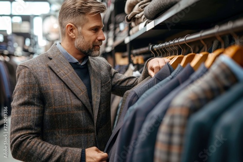 A sharply dressed man pauses in front of a display of jackets, contemplating which one will elevate his already sophisticated style