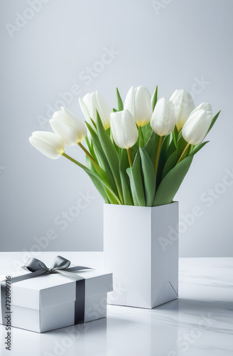 White tulips next to a white gift box on a white table. Women's day, mother's day.