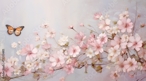 Pastel Dreams: Butterfly Fluttering Among Delicate Pink Blossoms - Generative AI