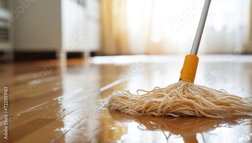 Mop washes wooden floor