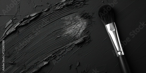Wide banner featuring a makeup brush on a textured black surface with a streak of dark makeup product with copy space for make up industry and beauty salons 