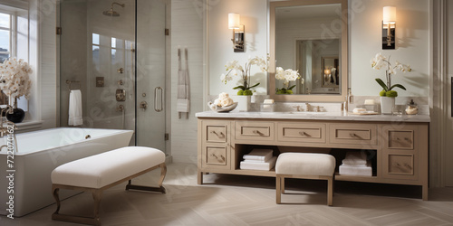 Transitional bathroom with a large marble shower and a vanity with a marble countertop and a freestanding tub, Transitional interior design 