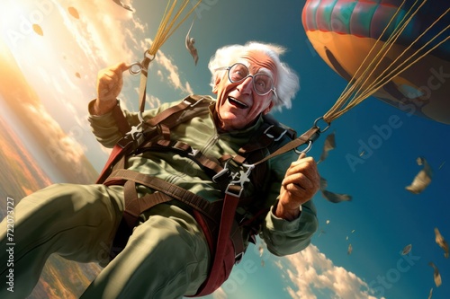 Senior man flying down during skydiving jump aged skydiver floating in air with parachute freefall active old age