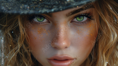 Mulher linda de olhos verdes usando chapeu olhando fixamente para a camera 