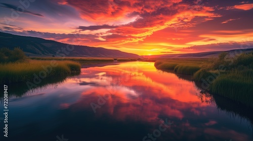 Beautiful landscape with sunset or sunrise river valley dawn or dusk over the peaceful calm still waters and purple and yellow sky horizon reflecting with clouds
