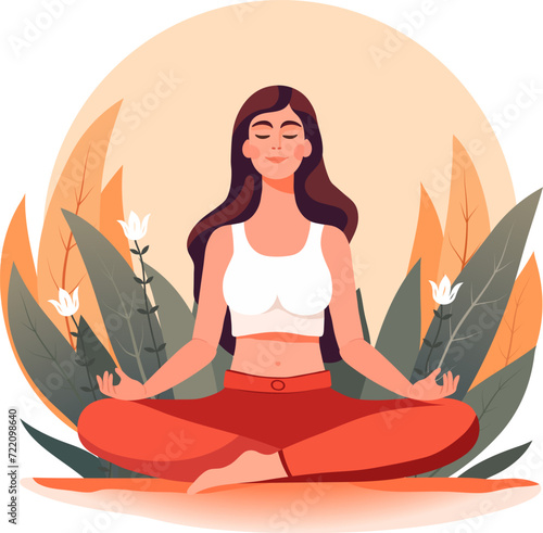 Woman meditating in nature and leaves. Concept illustration for meditation, vector illustration in flat cartoon style