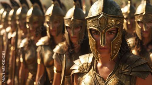 Ancient brave female Spartan warriors with golden helmets on the battlefield ready to attack.