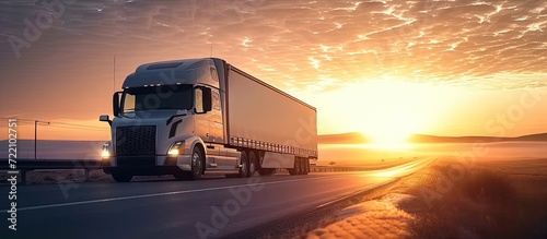 Fast moving truck on highway delivering freight under vivid sunset sky. Motion and speed landscape blurs as heavy cargo. Semi trailer and car logistic of transport under summer