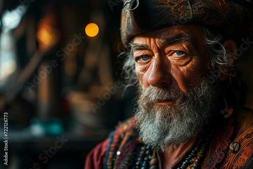 Portrait of a bearded man dressed in a pirate costume, looking piercingly into the camera against the backdrop of an ornate nautical-style interior. concept: sea pirates, travel robbers