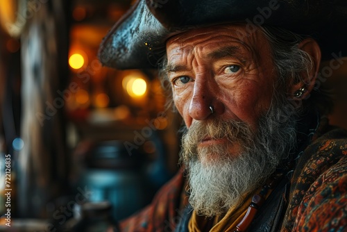 Portrait of a bearded man dressed in a pirate costume, looking piercingly into the camera against the backdrop of an ornate nautical-style interior. concept: sea pirates, travel robbers