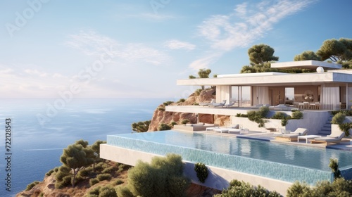 3d rendering of a luxury villa with pool and sea view