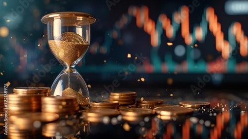 Hourglass and gold coins on blurred stock price growth chart background. Generated AI