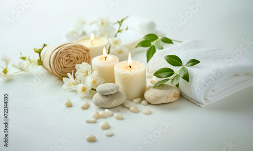 spa still life with candles and flowers on white background