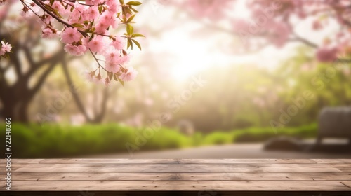 background, empty wooden surface for product presentation on a blurred spring background with fragments of cherry blossoms