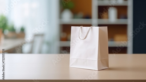 Paper bag on table, counter at shop, Shelf products for sales promotion over blur white store background, banner with copy space for retail product display template.