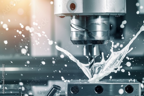 Close-up view of a CNC machine drilling a metal part in a factory, capturing the dynamic splash of milky cutting oil. 