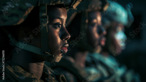 Group of black female army soldiers on the frontline preparing for war. AI generated