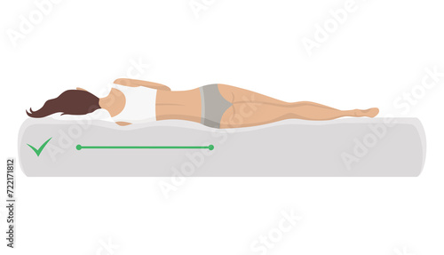 Correct sleeping body posture. Healthy sleeping position spine on orthopedic mattress and pillow. Caring for health of back, neck. illustration