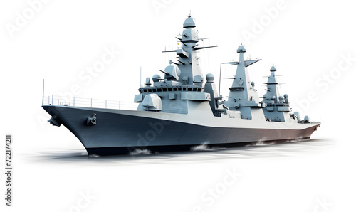 Warship sailing on the sea, white background