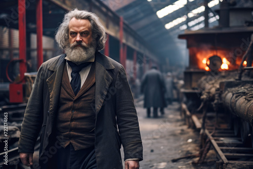 Karl Marx walking through a metalworking company during the 19th century (generative AI)