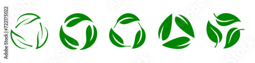Leaf recycling symbol icon set. Biodegradable leaf recycling symbol set in green color. Recycling, reusing symbol in green color isolated on white background.