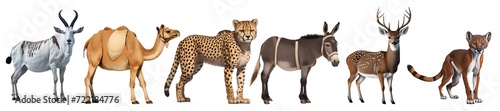 Close up set of animals addax, camel, cheetah, donkey, deer, fossa isolated on transparent background. Generative AI 