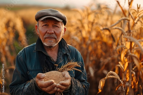 A rugged farmer stands proudly amidst his bountiful autumn harvest, clutching a handful of golden wheat as he gazes towards the horizon with determination and hope