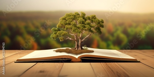 Book with tree growing out of it, concept of knowledge and wisdom