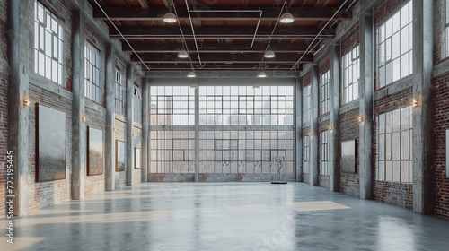 A renovated industrial structure now serves as the home of a minimalist art gallery featuring huge windows that display artwork. 